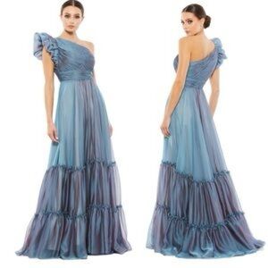 Mac Duggal Organza One Shoulder Pleated Tiered Ruffle Gown Fusion Blue 8 NWT
